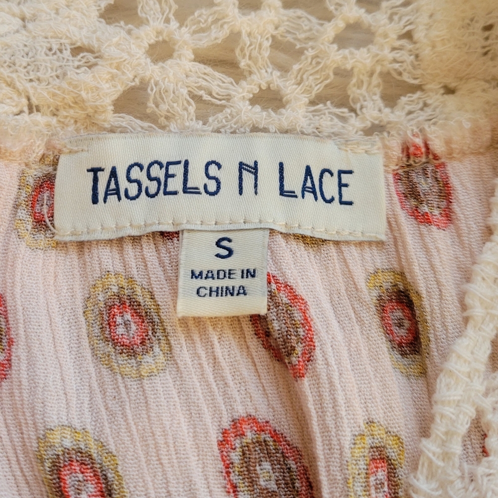 Tassels Lace Dress Cream Orange Paisley Boho Long Sleeve Crochet Peasant Neck S - Picture 9 of 10